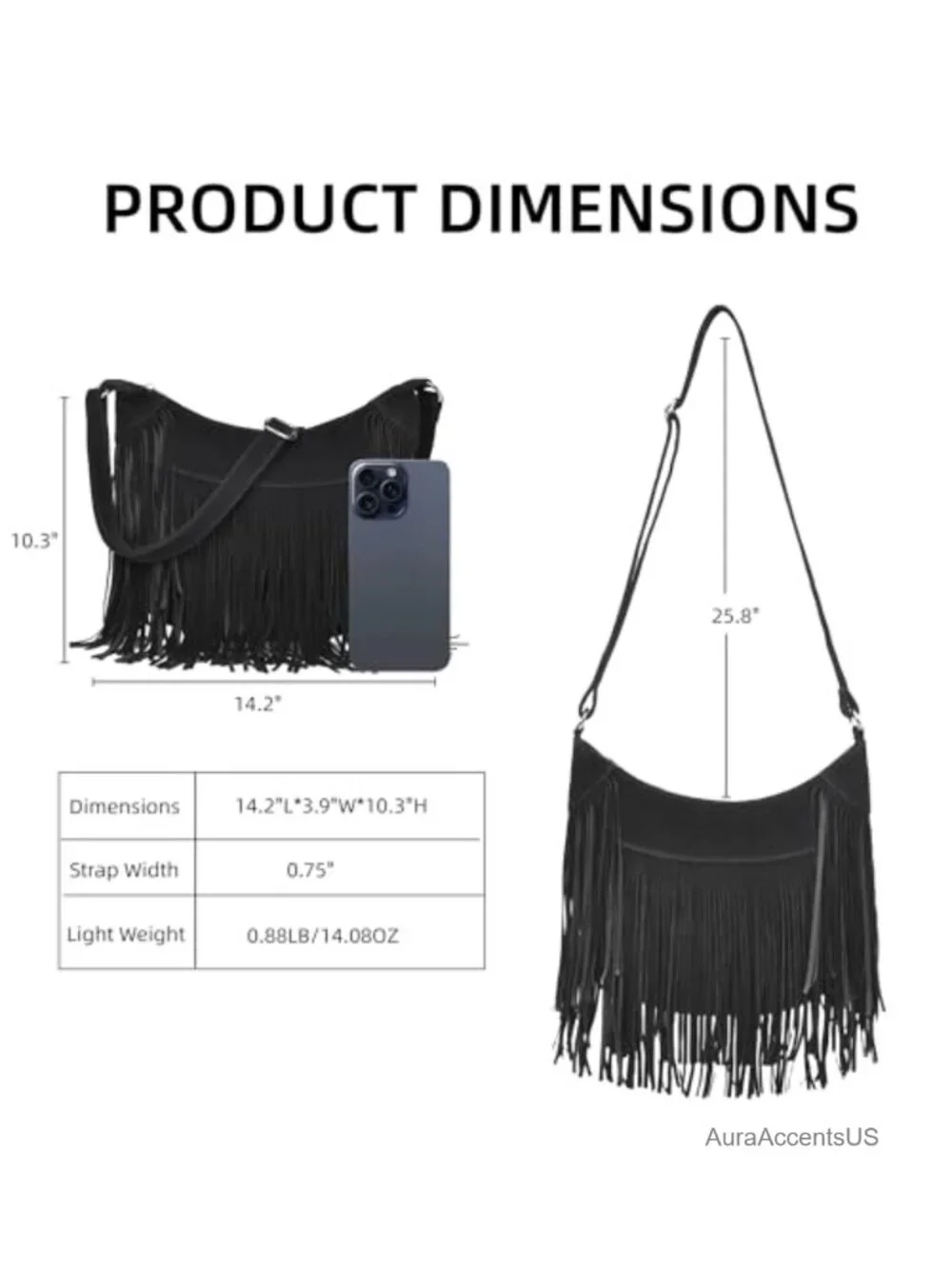 Vegan Suede Fringe Hobo Crossbody Bag